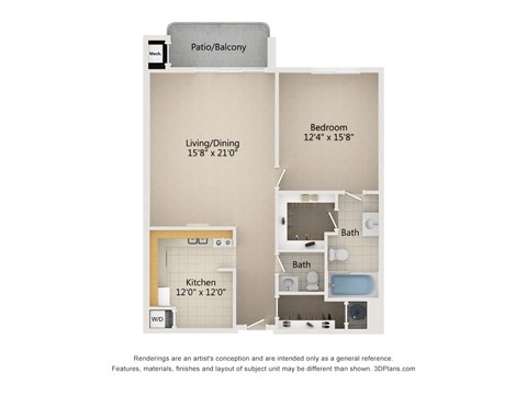 1 Bedroom 1.5 bath 1,070-to1,100 Sq. Ft. Type B & C Floor Plan at Atrium in The Village, Beachwood, OH 44122